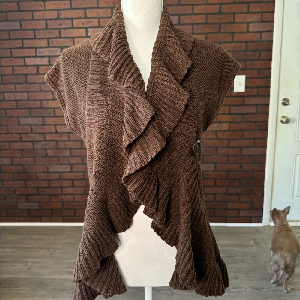 Bandolino Brown Ruffle Knit Sweater Vest Cardigan Large‎ Cotton Blend